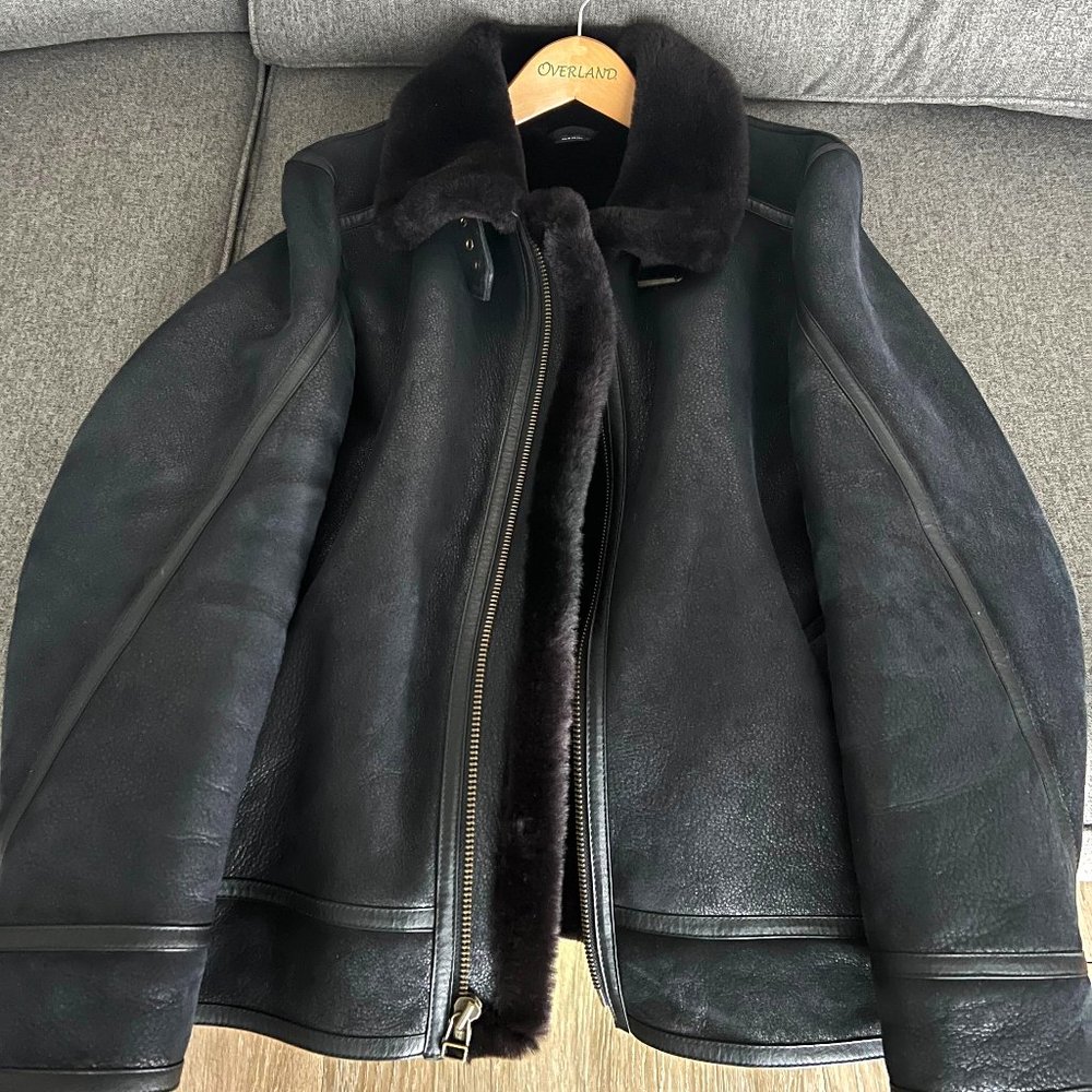 Black Leather Sherpa Overland Coat Small